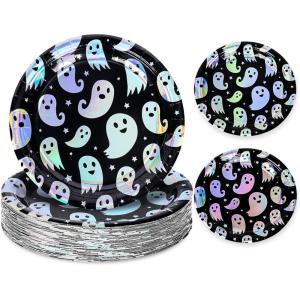 Whaline 50Pcs Iridescent Halloween Black Disposable Party Plates Silver Laser Ghost Paper Plates Color-Changing Holographic Dinner Plates for Spooky Kitchen Supplies, 9 Inch(Ghost)