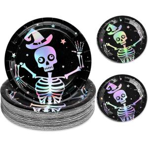 Whaline 50Pcs Iridescent Halloween Black Disposable Party Plates Silver Laser Ghost Paper Plates Color-Changing Holographic Dinner Plates for Spooky Kitchen Supplies, 9 Inch(Skeleton)