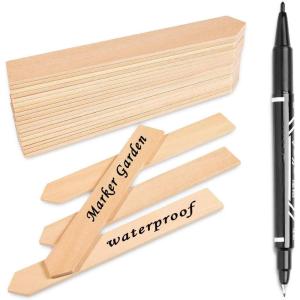 Whaline 50Pcs Wooden Plant Labels with A Marker Pen, Waterproof Pointed Wooden Plant Sign Tags Eco-Friendly Garden Markers for Seed Potted Herbs Flowers Vegetables (15 x 2 cm)