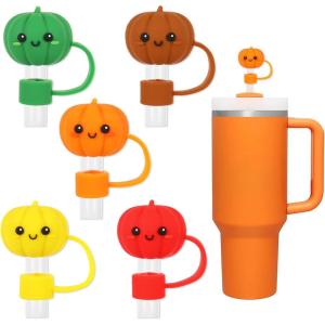 Whaline 5Pcs Halloween Straw Covers Cap Grimace Pumpkin Silicone Reusable Straw Topper Colorful 10mm/0.4In Straw Lids Protectors for 30/40 OZ Tumbler Cups Accessories(Cute Pumpkin Face)