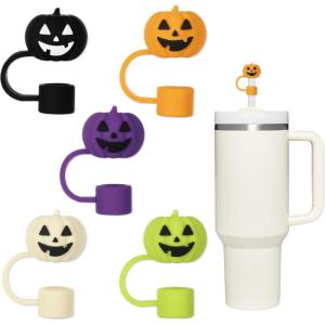 Whaline 5Pcs Halloween Straw Covers Cap Grimace Pumpkin Silicone Reusable Straw Topper Colorful 10mm/0.4In Straw Lids Protectors for 30/40 OZ Tumbler Cups Accessories(Grimace Pumpkin)