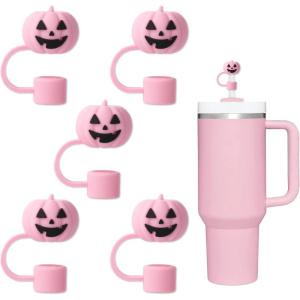 Whaline 5Pcs Halloween Straw Covers Cap Grimace Pumpkin Silicone Reusable Straw Topper Pink 10mm/0.4In Straws Lids Protectors for 30/40 OZ Tumbler Cups Accessories(Grimace Pumpkin)