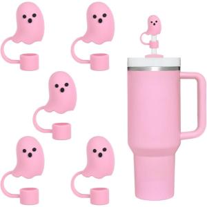 Whaline 5Pcs Halloween Straw Covers Cap Grimace Pumpkin Silicone Reusable Straw Topper Pink 10mm/0.4In Straws Lids Protectors for 30/40 OZ Tumbler Cups Accessories(Cute Ghost)