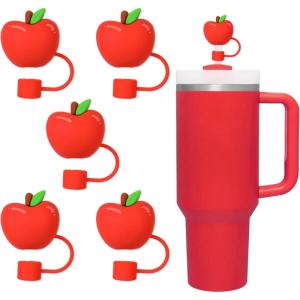 Whaline 5Pcs Halloween Straw Covers Cap Grimace Pumpkin Silicone Reusable Straw Topper Pink 10mm/0.4In Straws Lids Protectors for 30/40 OZ Tumbler Cups Accessories(Apple)