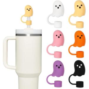 Whaline 6 Pcs Halloween Straw Cover Cap Boo Ghost Silicone Reusable Straw Topper 6 Colors 10 mm 0.4 In Straws Lid Protector for 30/40 oz Tumbler Cups Accessories(color 2)