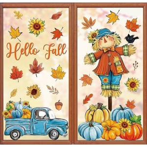 Whaline 6 Sheet Halloween Window Clings Black Orange Evil Scarecrow Pumpkin Truck Reusable Window Decals for Home Office School Glass Decor(Blue-Orange Scarecrow)