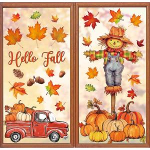 Whaline 6 Sheet Halloween Window Clings Black Orange Evil Scarecrow Pumpkin Truck Reusable Window Decals for Home Office School Glass Decor(Fall Scarecrow)