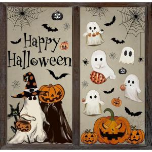 Whaline 6 Sheet Halloween Window Clings Black Orange Evil Scarecrow Pumpkin Truck Reusable Window Decals for Home Office School Glass Decor(Halloween Ghost)
