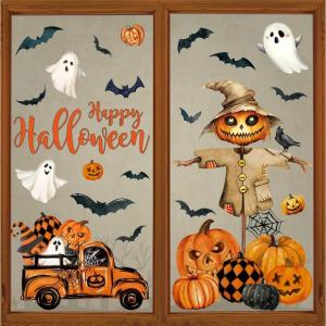 Whaline 6 Sheet Halloween Window Clings Black Orange Evil Scarecrow Pumpkin Truck Reusable Window Decals for Home Office School Glass Decor(Halloween Scarecrow)