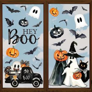 Whaline 6 Sheet Halloween Window Clings Black Orange Evil Scarecrow Pumpkin Truck Reusable Window Decals for Home Office School Glass Decor(Hey Boo)