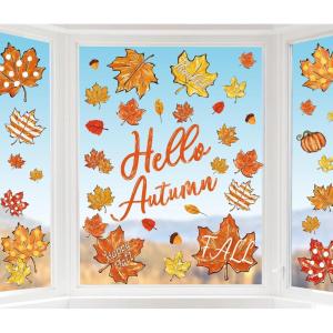 Whaline 6 Sheet Halloween Window Clings Black Orange Evil Scarecrow Pumpkin Truck Reusable Window Decals for Home Office School Glass Decor(Maple Leaves)