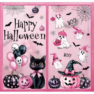 Whaline 6 Sheet Halloween Window Clings Black Orange Evil Scarecrow Pumpkin Truck Reusable Window Decals for Home Office School Glass Decor(Pink Halloween)