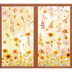Whaline 6 Sheets Fall Floral Window Clings Watercolor Maple Leaves Sunflowers Window Decals Double-Sided Reusable Windows Stickers for Autumn Harvest Home School Office Thanksgiving Party Supplies(Fall Floral)