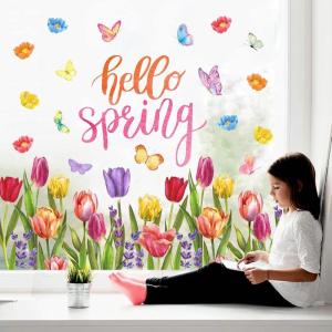 Whaline 6 Sheets Fall Floral Window Clings Watercolor Maple Leaves Sunflowers Window Decals Double-Sided Reusable Windows Stickers for Autumn Harvest Home School Office Thanksgiving Party Supplies(Spring Tulip)