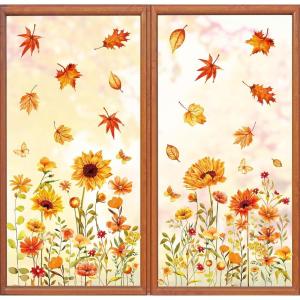 Whaline 6 Sheets Fall Floral Window Clings Watercolor Maple Leaves Sunflowers Window Decals Double-Sided Reusable Windows Stickers for Autumn Harvest Home School Office Thanksgiving Party Supplies(Fall)