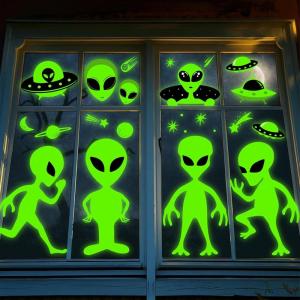 Whaline 6 Sheets Halloween Alien Window Clings Large Size Green Alien Flying Saucer UFO Theme Window Decals Double-Sided Removable for Halloween Decor Party Supplies(Large Alien)
