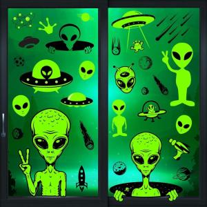 Whaline 6 Sheets Halloween Alien Window Clings Large Size Green Alien Flying Saucer UFO Theme Window Decals Double-Sided Removable for Halloween Decor Party Supplies(Cute Alien)