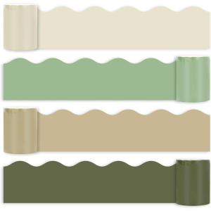 Whaline 65.6ft Fall Color Bulletin Board Borders – 4 Rolls Orange Series Die-Cut Strips, Colorful Rolled Trim for School Classroom Office Chalkboard Decoration(Nude Sage Green)