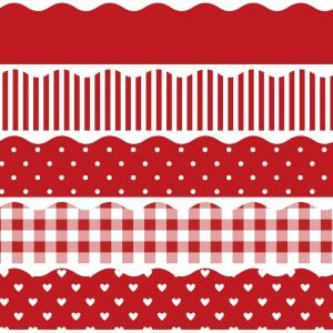 Whaline 69 Feet Valentine’s Day Bulletin Board Borders 5 Styles 60 Pieces Rolled Border Scalloped Border Heart Plaid Spot Stripe Red Bulletin Board Stickers for Decoration Party Home Office(Red)