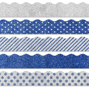 Whaline 69Ft Christmas Glitter Bulletin Board Borders 5 Designs Shine Stripe Dot Red Green Gold Merry Christmas Decoration Trim Bulletin Board Stickers for School Classroom Office Party Decoration(Winter)