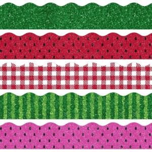 Whaline 69Ft Christmas Glitter Bulletin Board Borders 5 Designs Shine Stripe Dot Red Green Gold Merry Christmas Decoration Trim Bulletin Board Stickers for School Classroom Office Party Decoration(Watermelon)
