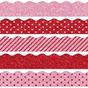 Whaline 69Ft Christmas Glitter Bulletin Board Borders 5 Designs Shine Stripe Dot Red Green Gold Merry Christmas Decoration Trim Bulletin Board Stickers for School Classroom Office Party Decoration(Valentine’s Day)
