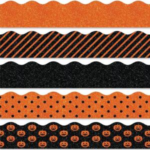 Whaline 69Ft Christmas Glitter Bulletin Board Borders 5 Designs Shine Stripe Dot Red Green Gold Merry Christmas Decoration Trim Bulletin Board Stickers for School Classroom Office Party Decoration(Halloween Pumpkin)