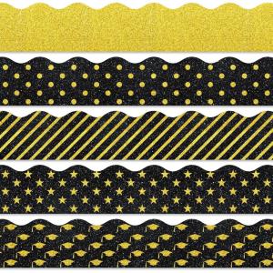 Whaline 69Ft Christmas Glitter Bulletin Board Borders 5 Designs Shine Stripe Dot Red Green Gold Merry Christmas Decoration Trim Bulletin Board Stickers for School Classroom Office Party Decoration(Graduation Day)