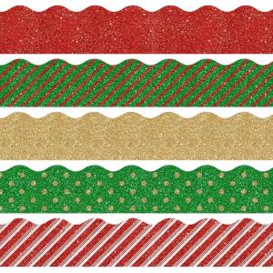 Whaline 69Ft Christmas Glitter Bulletin Board Borders 5 Designs Shine Stripe Dot Red Green Gold Merry Christmas Decoration Trim Bulletin Board Stickers for School Classroom Office Party Decoration(Christmas)