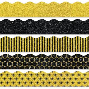 Whaline 69Ft Christmas Glitter Bulletin Board Borders 5 Designs Shine Stripe Dot Red Green Gold Merry Christmas Decoration Trim Bulletin Board Stickers for School Classroom Office Party Decoration(Summer)