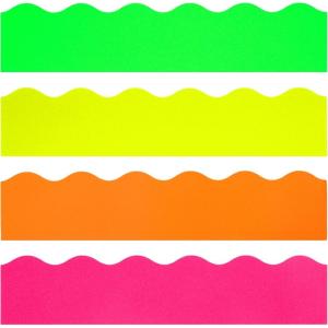 Whaline 69Ft Neon Color Bulletin Board Border Fluorescent Green Yellow Orange Rose Red Decoration Borders Colorful Bulletin Board Stickers for School Classroom Office Home Party Decoration