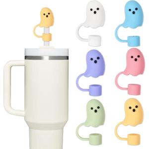 Whaline 6Pcs Halloween Ghost Straw Covers Pastel Cap Boo Silicone Reusable Straws Topper Colorful 10mm/0.4In Straw Lids Protectors for 30/40 OZ Tumbler Cups Accessories(style 1)