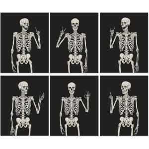 Whaline 6Pcs Halloween Skeleton Skull Wall Art Prints Black White Scary Skeleton Paper Art Posters Aesthetic Wall Decor for Halloween Home Gallery Living Room Bedroom, 8 x 10 Inch (Unframed)