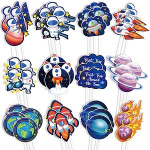 Whaline 72Pcs Preppy Cupcake Topper 12 Designs Pink Face Star Lightning Lips Cupcake Picks Preppy Boho Y2k Food Picks with Sticks Glue Point for Girl Birthday Bachelorette Party Supplies Cake Decor(Outer Space Theme)