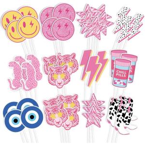 Whaline 72Pcs Preppy Cupcake Topper 12 Designs Pink Face Star Lightning Lips Cupcake Picks Preppy Boho Y2k Food Picks with Sticks Glue Point for Girl Birthday Bachelorette Party Supplies Cake Decor(Preppy Theme)
