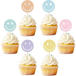 Whaline 72Pcs Preppy Smile Face Cupcake Toppers 6 Designs Paper Cake Decor Cute Cupcake Picks for Y2K Bachelorette Birthday Party Supplies Photo Booth Props