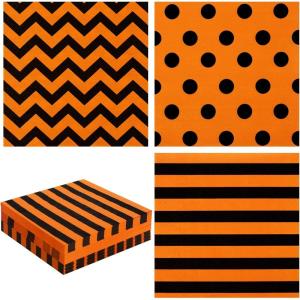 Whaline 75Pcs Halloween Paper Napkin 6.5 Inch Orange Black Stripe Wave Polka Dot Luncheon Napkins Geometric Disposable Dinner Napkins for Halloween Party Supplies Tabletop Kitchen Decor(black orange)