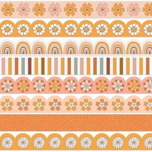 Whaline 82Ft Boho Bulletin Board Borders Colorful Groovy Boho Flower Rainbow Adhesive Trim Border for School Classroom Office Decoration