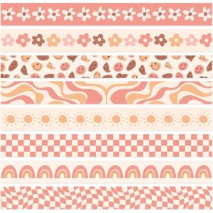 Whaline 82Ft Retro Groovy 70s Bulletin Board Borders Boho Flower Face Sun Rainbow Checkered Decoration Trim Border Pink Orange Boho Bulletin Board Stickers for School Classroom Office Party Decor(Chocolate Color)
