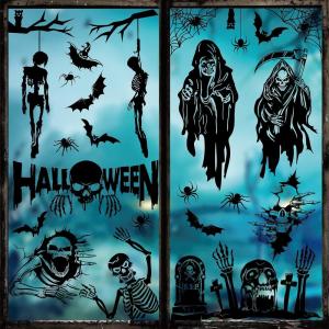 Whaline 9 Sheet Halloween Scary Skeleton Window Clings Ghost Bat Spider Tombstone Window Silhouette Decor Double-Sided Black Windows Decals for Halloween Home School Office Decoration Party Supplies