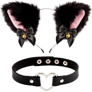 Whaline Black Cat Ear Headband with Bell Heart Chocker Necklace Girl Plush Furry Cat Ear Hair Band for Girl Women Adult Cosplay Party Fancy Dress Halloween Drama, 2Pcs