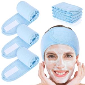 Whaline Spa Facial Headband Head Wrap Terry Cloth Headband 4 Counts Stretch Towel for Bath, Makeup and Sport (Black)(Light Blue)