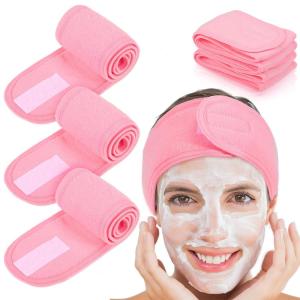 Whaline Spa Facial Headband Head Wrap Terry Cloth Headband 4 Counts Stretch Towel for Bath, Makeup and Sport (Black)(Pink)