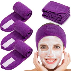 Whaline Spa Facial Headband Head Wrap Terry Cloth Headband 4 Counts Stretch Towel for Bath, Makeup and Sport (Black)(Purple)