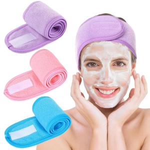 Whaline Spa Facial Headbands 3 Pieces Make Up Wrap Head Terry Cloth Headband Soft Adjustable Towel Band for Face Washing Shower Facial Cover Yoga(Black, Pink, Gray)(Purple  Pink  Blue)