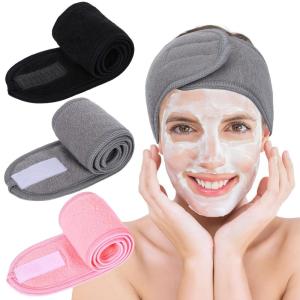 Whaline Spa Facial Headbands 3 Pieces Make Up Wrap Head Terry Cloth Headband Soft Adjustable Towel Band for Face Washing Shower Facial Cover Yoga(Black, Pink, Gray)(Black  Pink  Gray)