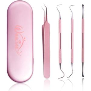 Whaline Weeding Vinyl Tools 4 Pieces Precision Stainless Steel Weeder Tool with Case, Vinyl Craft Paper Craft Tool Kit for Silhouettes Cameos, Lettering Scraper Hook Spatula Tweezers(Pink)