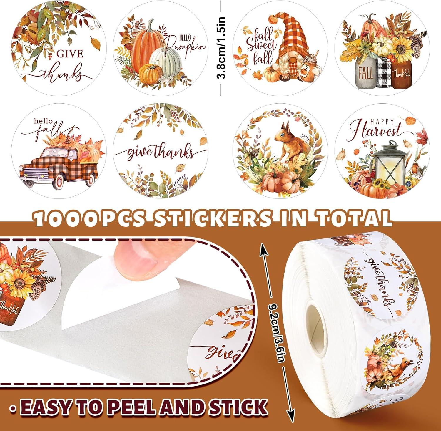 imageWhaline 1000Pcs Fall Thanksgiving Stickers Pumpkin Maple Leaf Autumn Round Stickers Sealing Labels for Thanksgiving Party Gift Supplies 8 DesignFall