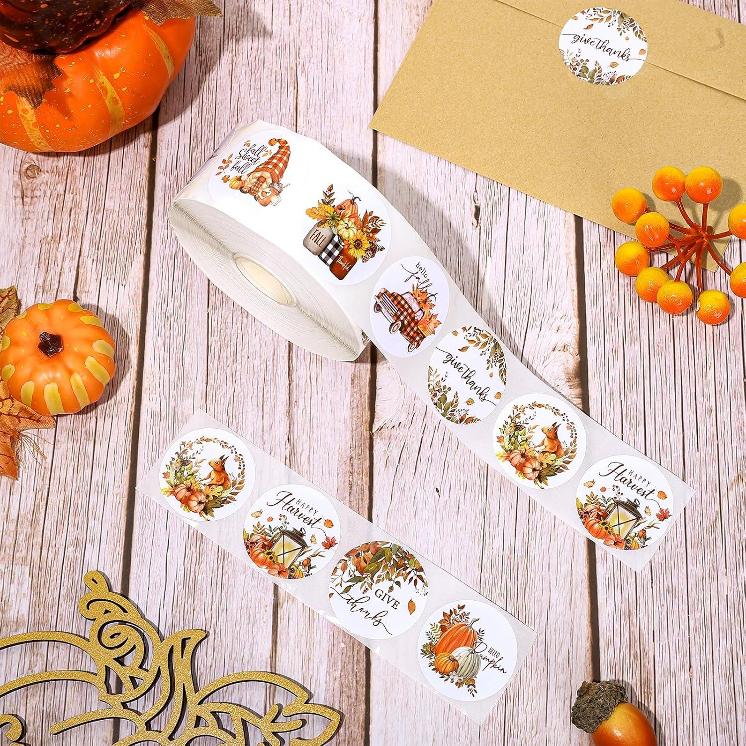 imageWhaline 1000Pcs Fall Thanksgiving Stickers Pumpkin Maple Leaf Autumn Round Stickers Sealing Labels for Thanksgiving Party Gift Supplies 8 DesignFall