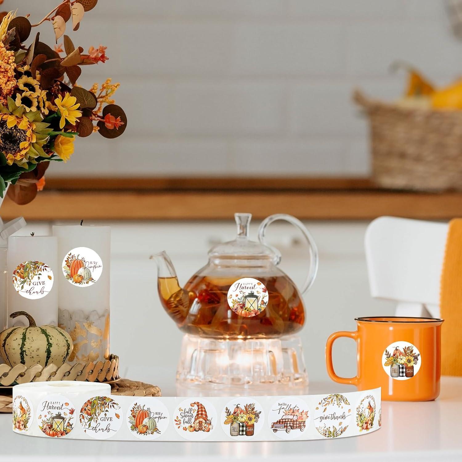 imageWhaline 1000Pcs Fall Thanksgiving Stickers Pumpkin Maple Leaf Autumn Round Stickers Sealing Labels for Thanksgiving Party Gift Supplies 8 DesignFall